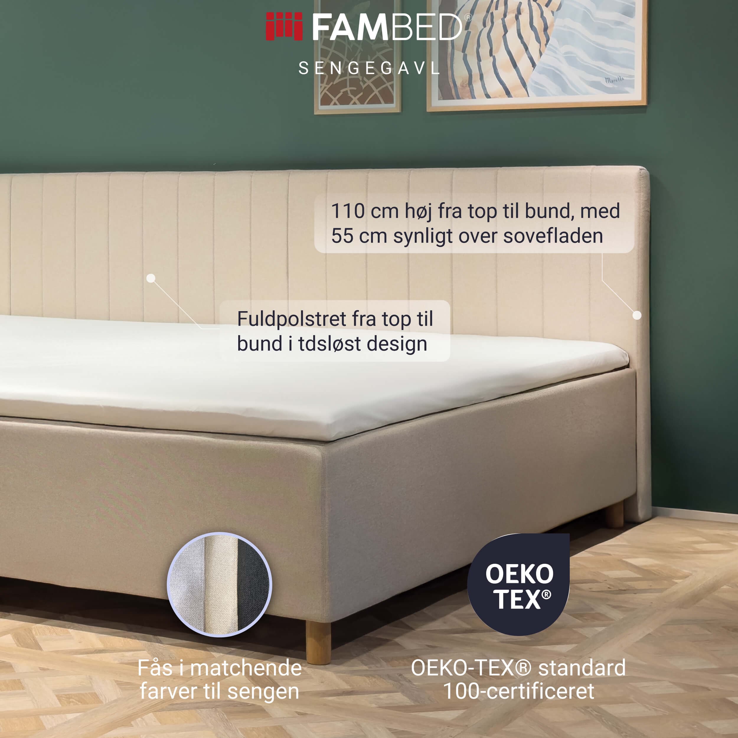 Infografiikka: beige FAMBED-sängynpääty sängyn takana sekä tiedot kauttaaltaan verhoilusta, 110 cm:n korkeudesta ja yhteensopivista väreistä