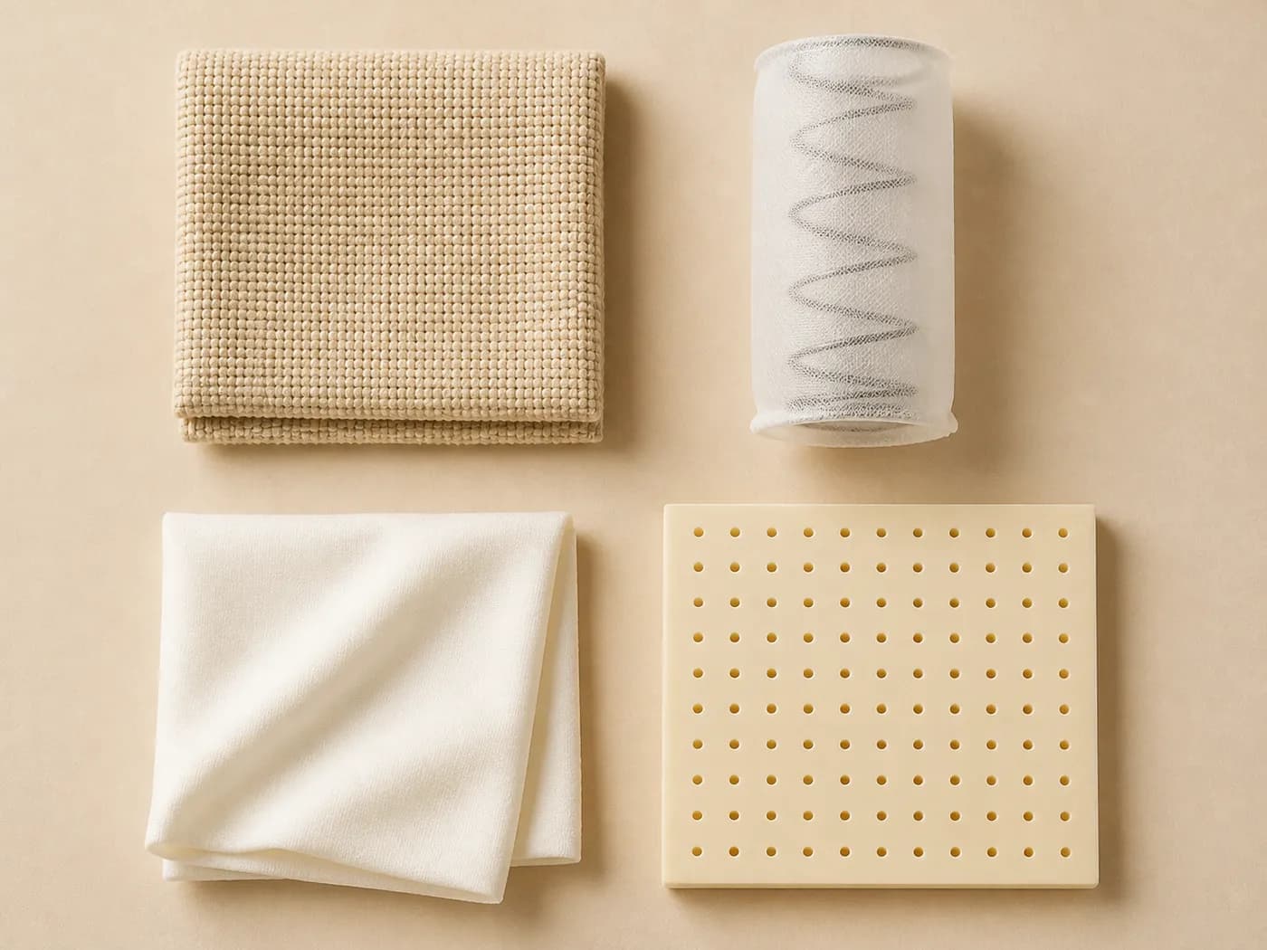Neljä materiaalinäytettä vaalealla alustalla: kudottu beige verhoilukangas, kangaspussissaan oleva yksittäinen pussijousi, taiteltu pehmeä valkoinen tekstiili ja rei'itetty luonnonlateksilevy.