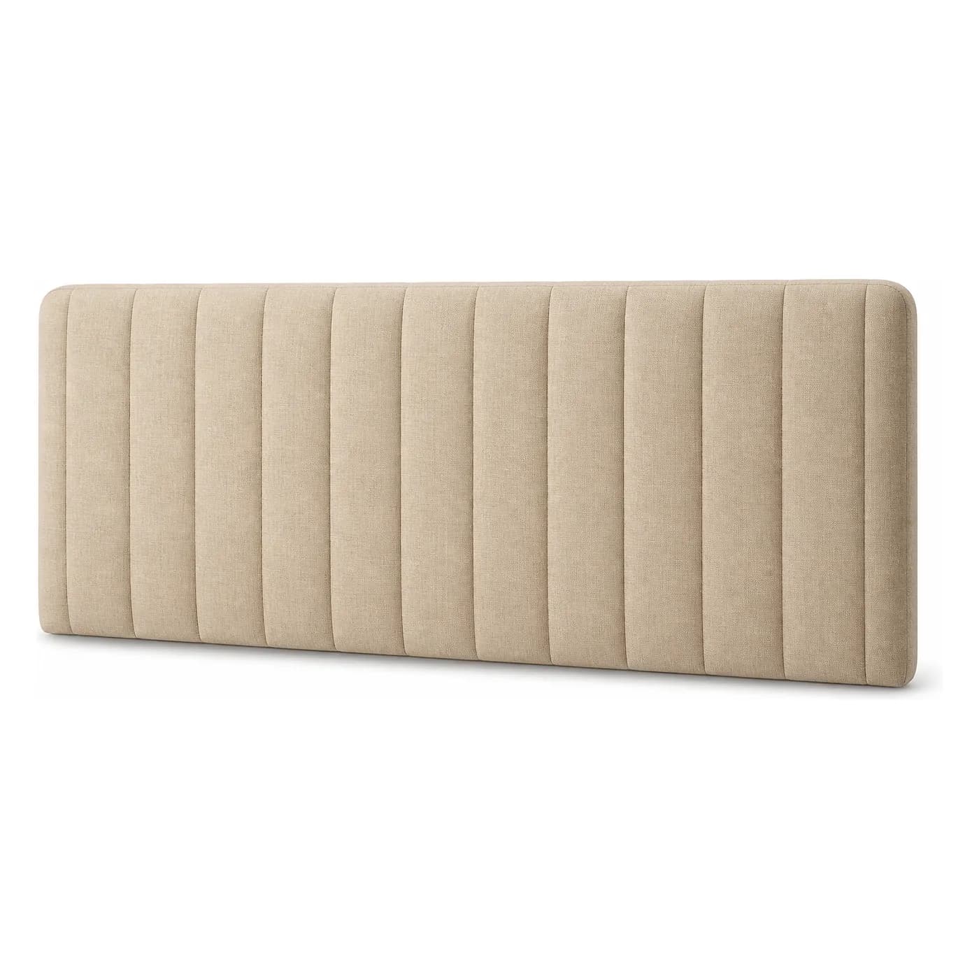Beige, kauttaaltaan verhoiltu FamBed-sängynpääty, jossa on pystysuuntaiset pehmustetut paneelit.