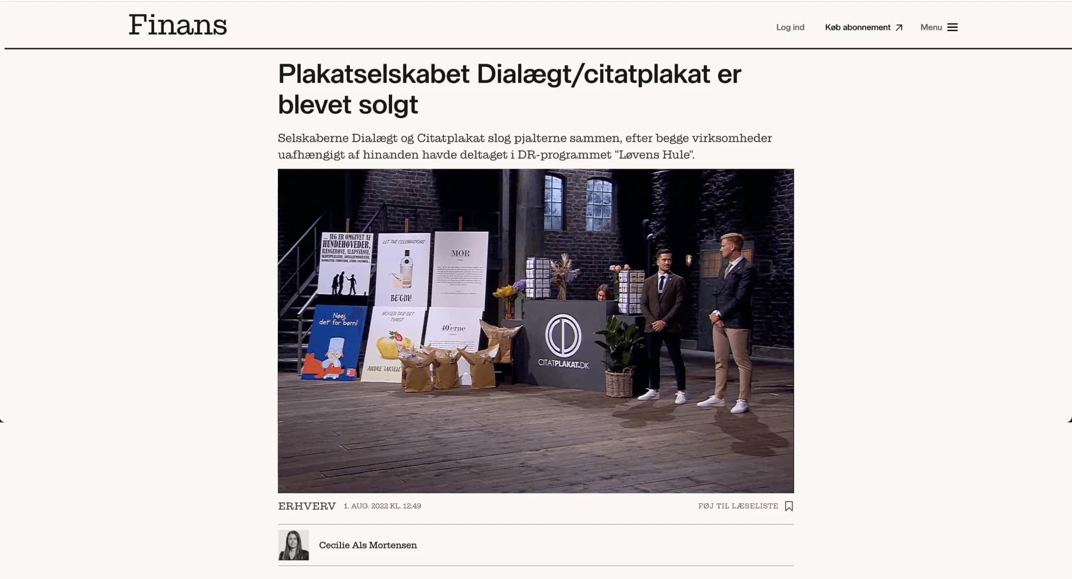 Kuvakaappaus Finans-lehden artikkelista, jossa kerrotaan Dialægt/Citatplakatin myynnistä