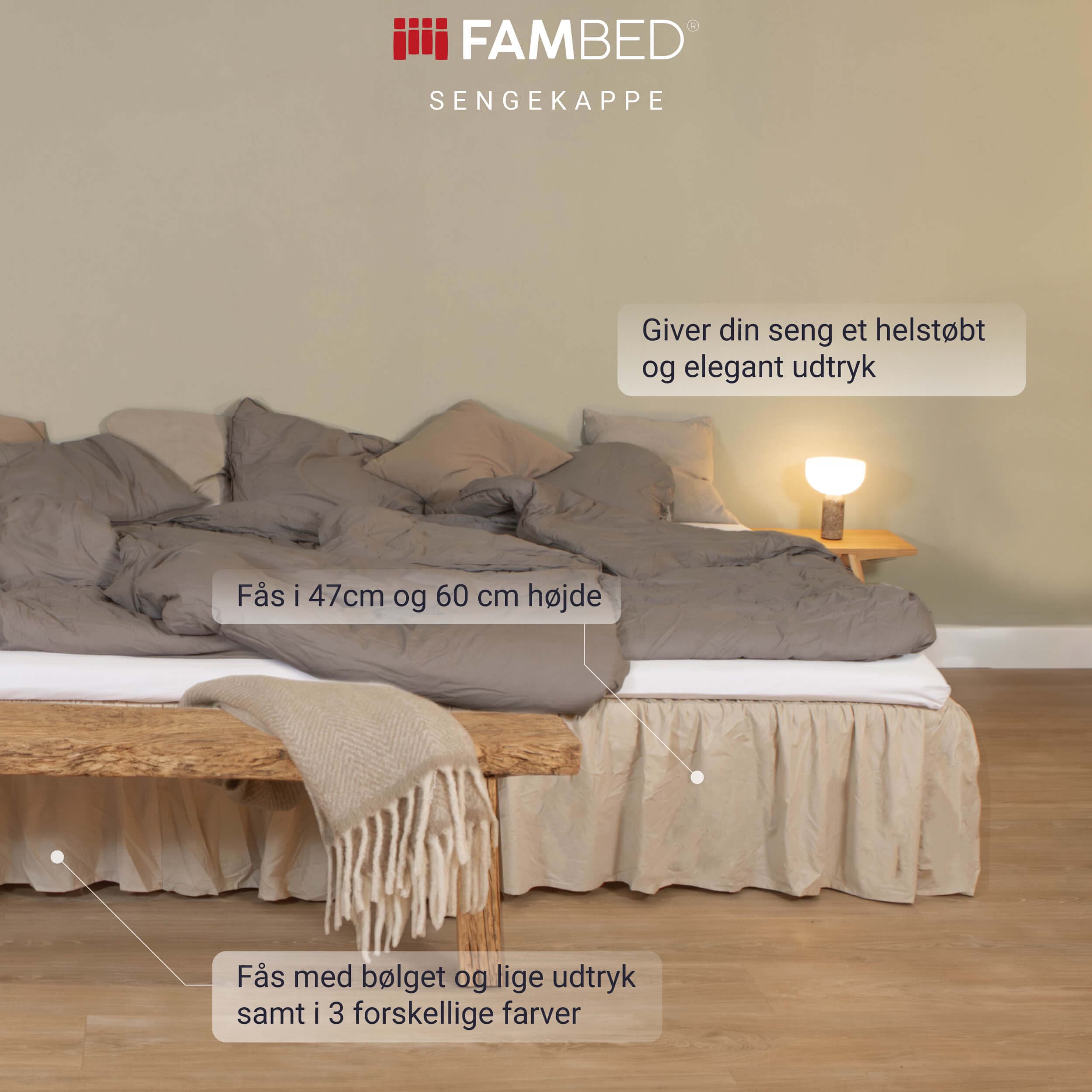 Infografiikka: pedattu sänky, jossa on beige FAMBED-helmalakana sekä tietoa yhtenäisestä ilmeestä, kahdesta korkeusvaihtoehdosta ja poimutetusta tai suorasta mallista