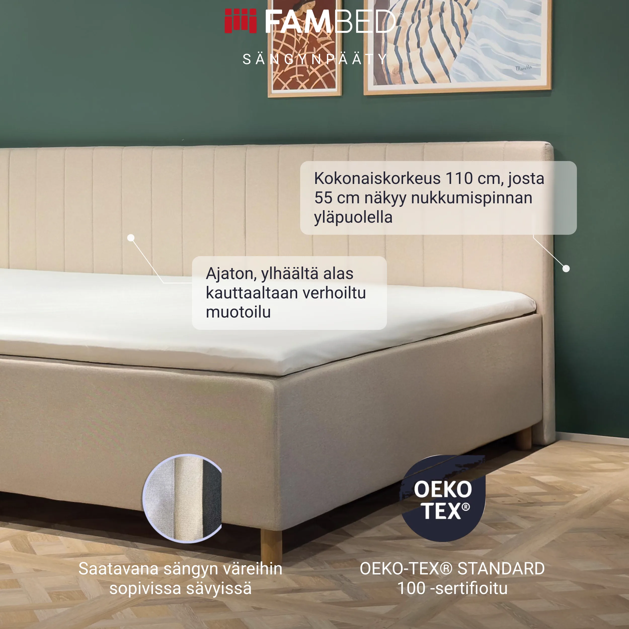 Infografiikka: beige FAMBED-sängynpääty sängyn takana sekä tiedot kauttaaltaan verhoilusta, 110 cm:n korkeudesta ja yhteensopivista väreistä