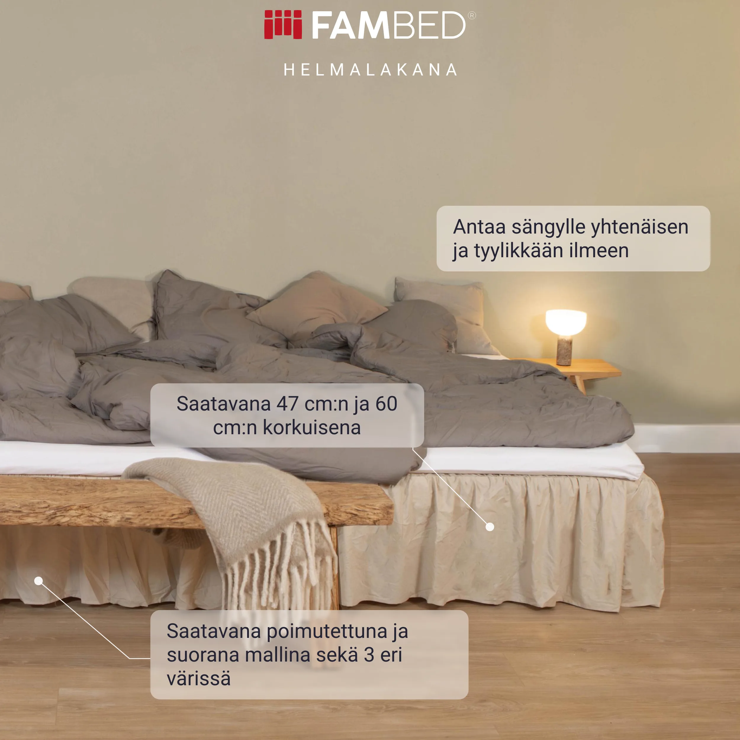 Infografiikka: pedattu sänky, jossa on beige FAMBED-helmalakana sekä tietoa yhtenäisestä ilmeestä, kahdesta korkeusvaihtoehdosta ja poimutetusta tai suorasta mallista