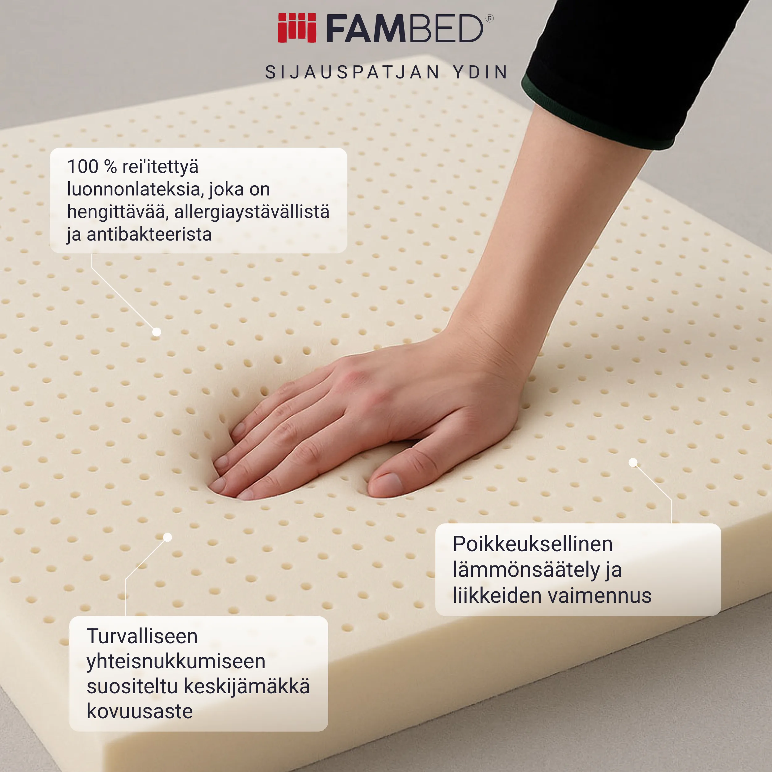 Infografiikka: käsi painaa 5 cm paksua rei'itettyä luonnonlateksiydintä, joka on hengittävä, hypoallergeeninen ja antibakteerinen